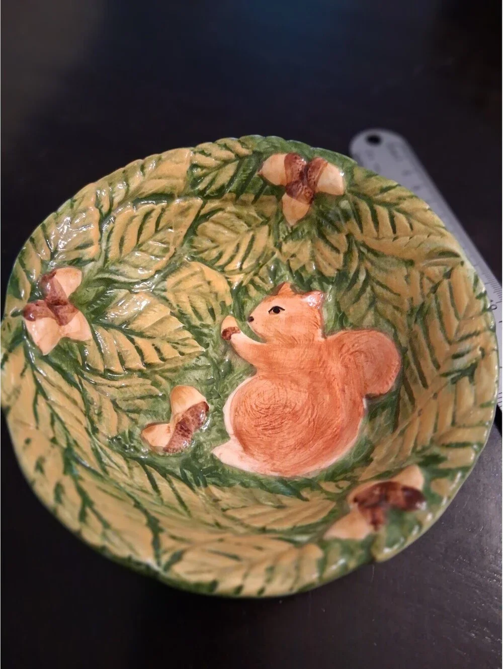Hand-Painted Ceramic Squirrel Bowl with Leaf and Acorn Design
